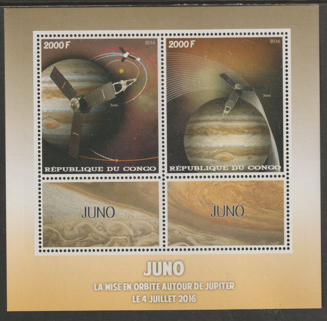 Congo 2016 Juno Space Mission perf sheet containing two values plus two labels unmounted mint, stamps on , stamps on  stamps on space, stamps on  stamps on juno