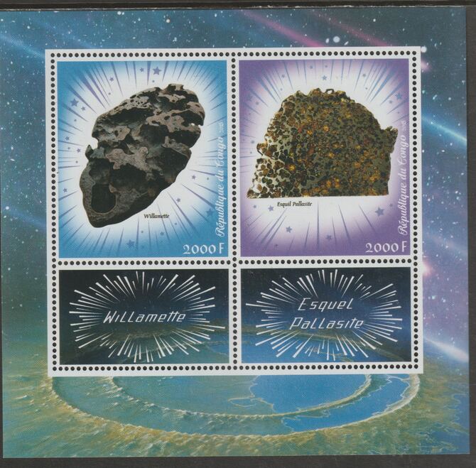 Congo 2018 Meteorites perf sheet containing two values plus two labels unmounted mint, stamps on , stamps on  stamps on space, stamps on  stamps on meteors