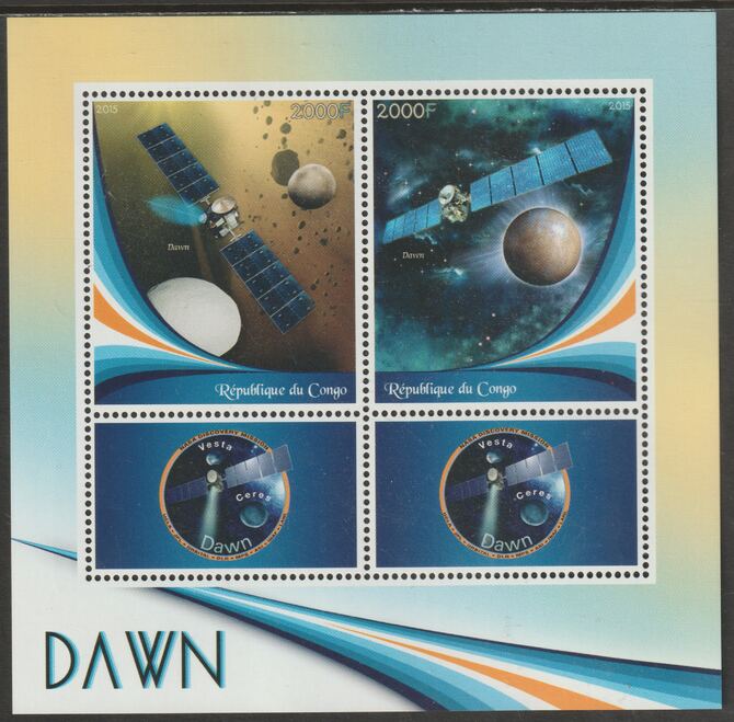 Congo 2015 Dawn Space Mission perf sheet containing two values plus two labels unmounted mint, stamps on , stamps on  stamps on space, stamps on  stamps on dawn, stamps on  stamps on satellites