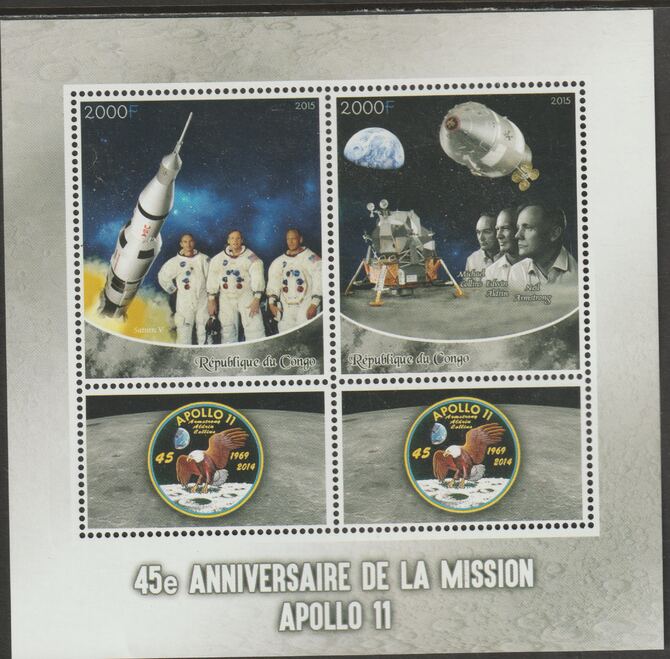 Congo 2015 Apollo 11 - 45th Anniversary perf sheet containing two values plus two labels unmounted mint, stamps on , stamps on  stamps on space, stamps on  stamps on apollo, stamps on  stamps on lunar, stamps on  stamps on moon