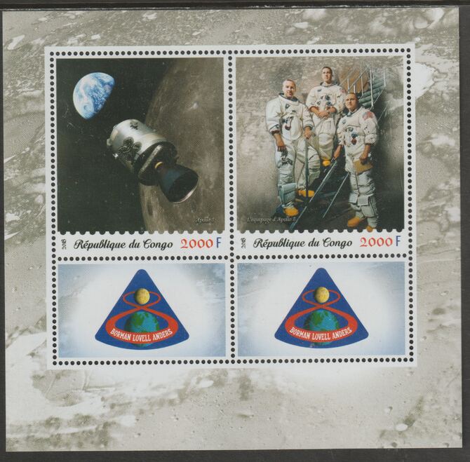Congo 2018 Space - Apollo 8 perf sheet containing two values plus two labels unmounted mint, stamps on space, stamps on apollo
