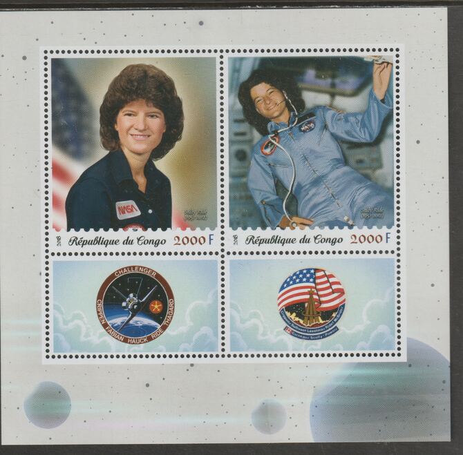 Congo 2018 Space - Sally Ride perf sheet containing two values plus two labels unmounted mint, stamps on , stamps on  stamps on space, stamps on  stamps on personalities