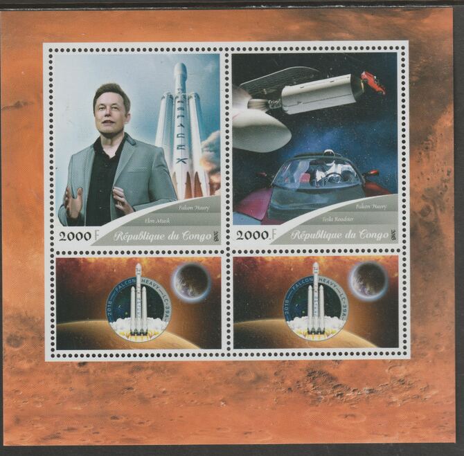 Congo 2018 Falcon Heavy Space Mission perf sheet containing two values plus two labels unmounted mint, stamps on , stamps on  stamps on space, stamps on  stamps on falcon heavy, stamps on  stamps on satellites