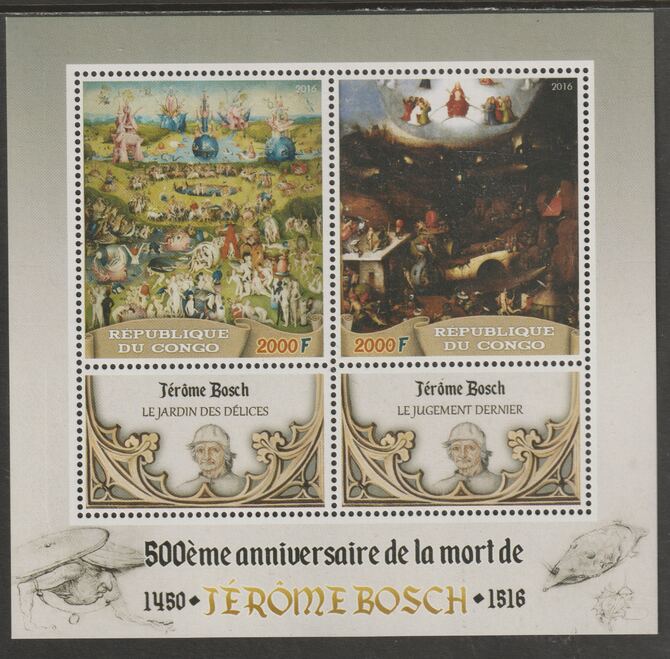 Congo 2016 Hieronymus Bosch perf sheet containing two values plus two labels unmounted mint, stamps on arts, stamps on bosch