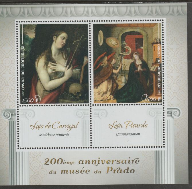 Congo 2019 Prado Museum#1 - 200th Anniversary perf sheet containing two values plus two labels unmounted mint, stamps on arts, stamps on prado