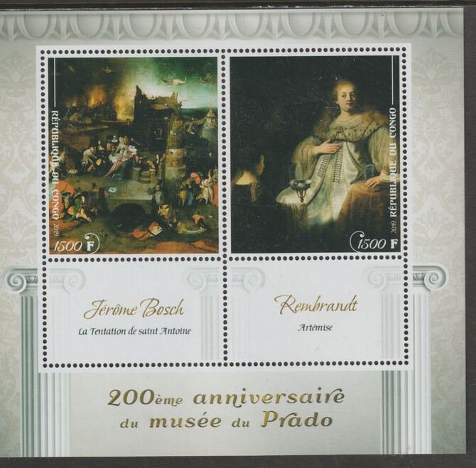 Congo 2019 Prado Museum#4 - 200th Anniversary perf sheet containing two values plus two labels unmounted mint, stamps on , stamps on  stamps on arts, stamps on  stamps on prado