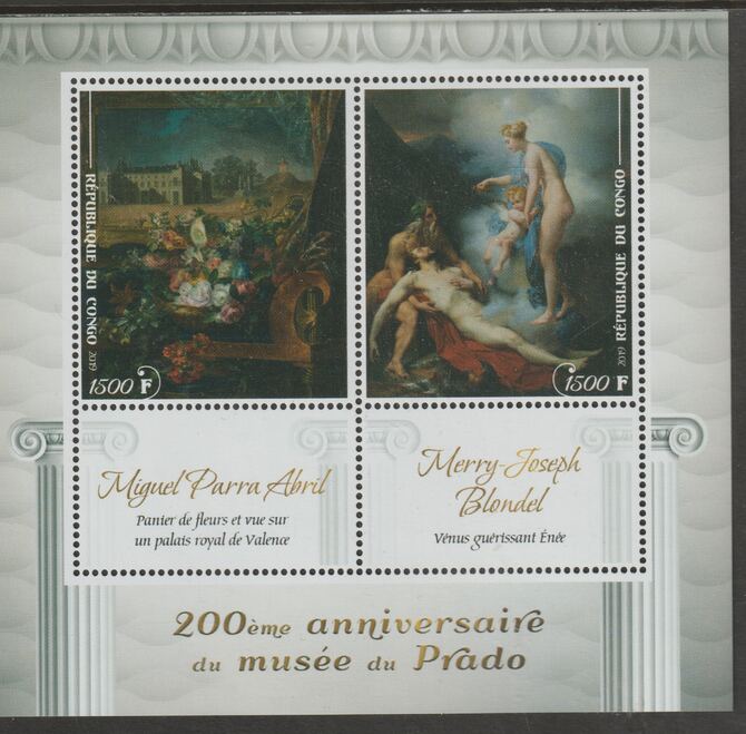 Congo 2019 Prado Museum#6 - 200th Anniversary perf sheet containing two values plus two labels unmounted mint, stamps on , stamps on  stamps on arts, stamps on  stamps on prado