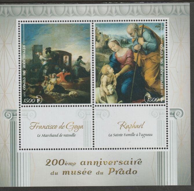 Congo 2019 Prado Museum#7 - 200th Anniversary perf sheet containing two values plus two labels unmounted mint, stamps on arts, stamps on prado