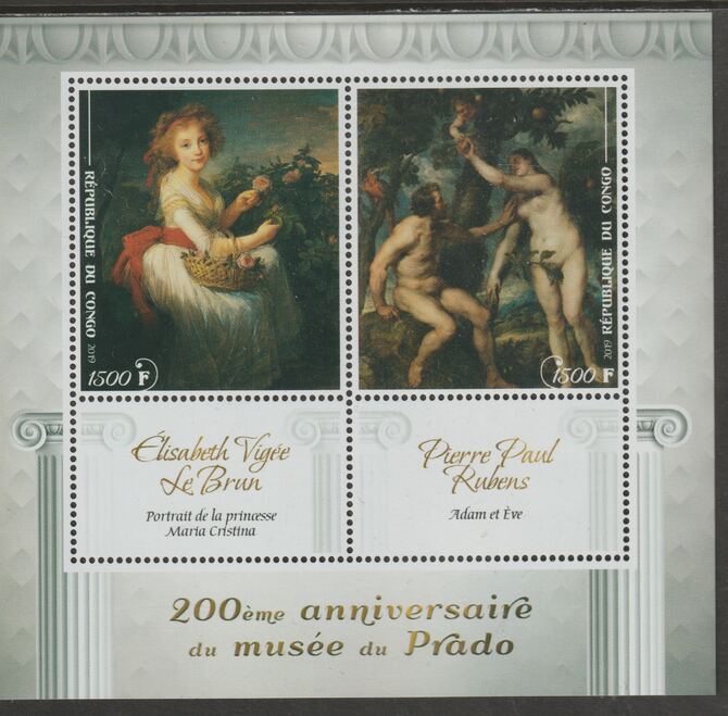 Congo 2019 Prado Museum#8 - 200th Anniversary perf sheet containing two values plus two labels unmounted mint, stamps on , stamps on  stamps on arts, stamps on  stamps on prado