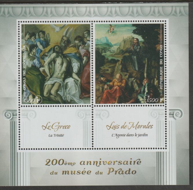 Congo 2019 Prado Museum#10 - 200th Anniversary perf sheet containing two values plus two labels unmounted mint, stamps on , stamps on  stamps on arts, stamps on  stamps on prado