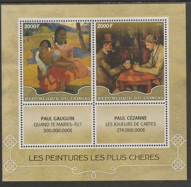 Congo 2016 Most Expensive Paintings perf sheet containing two values plus two labels unmounted mint, stamps on arts, stamps on gauguin, stamps on cezanne