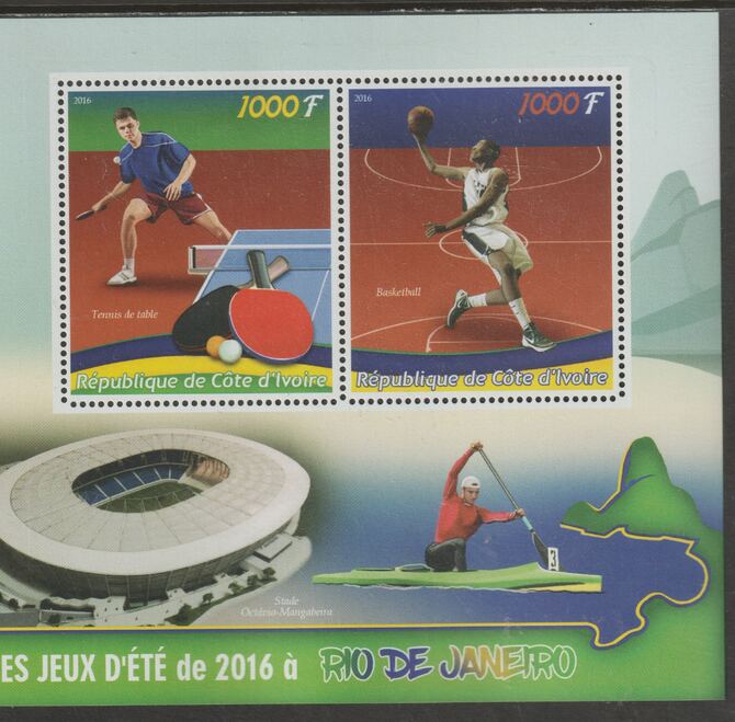 Ivory Coast 2016 Rio Olympics perf sheet containing two values unmounted mint, stamps on olympics, stamps on table tennis, stamps on basketball, stamps on canoes