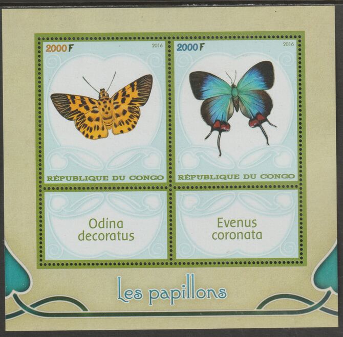 Congo 2016 Butterflies perf sheet containing two values plus two labels unmounted mint, stamps on butterflies