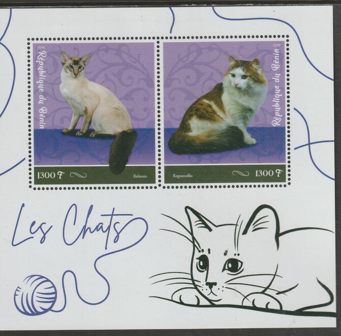 Benin 2019 Domestic Cats perf sheet containing two values unmounted mint, stamps on cats