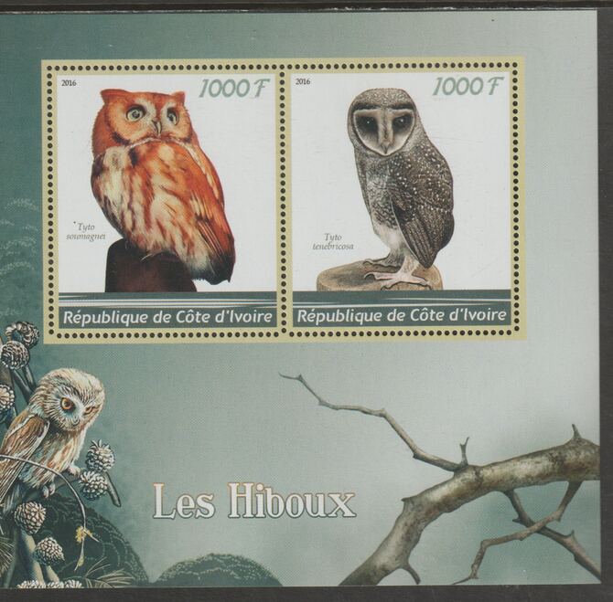 Ivory Coast 2016 Owls perf sheet containing two values unmounted mint, stamps on birds, stamps on birds of prey, stamps on owls