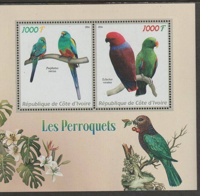 Ivory Coast 2016 Parrots perf sheet containing two values unmounted mint, stamps on birds, stamps on parrots