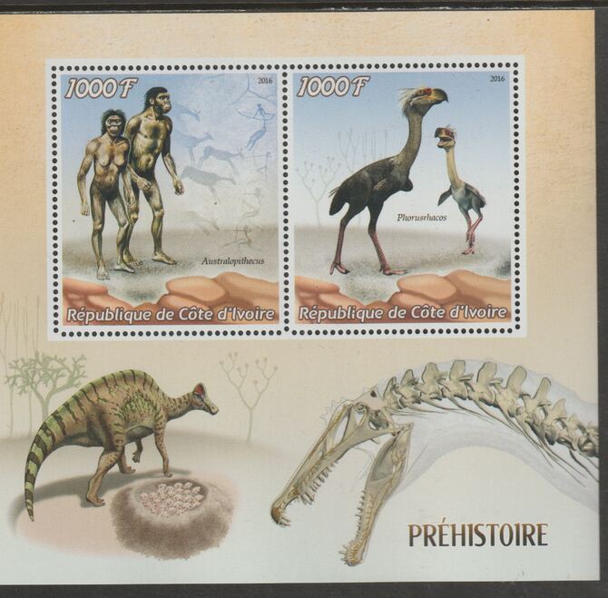 Ivory Coast 2016 Dinosaurs perf sheet containing two values unmounted mint, stamps on , stamps on  stamps on dinosaurs