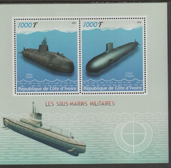 Ivory Coast 2016 Submarines perf sheet containing two values unmounted mint, stamps on , stamps on  stamps on ships, stamps on  stamps on submarines