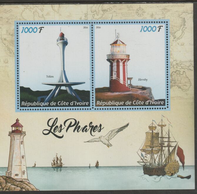 Ivory Coast 2016 Lighthouses perf sheet containing two values unmounted mint, stamps on lighthouses, stamps on ships