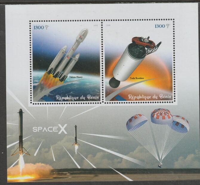 Benin 2019 SpaceX perf sheet containing two values unmounted mint, stamps on space, stamps on spacex, stamps on rockets, stamps on parachutes