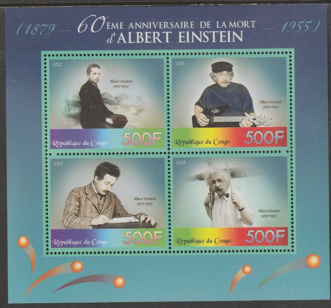 Congo 2015 Albert Einstein 60th Death Anniversay perf sheet containing four values unmounted mint, stamps on personalities, stamps on einstein, stamps on physics, stamps on science