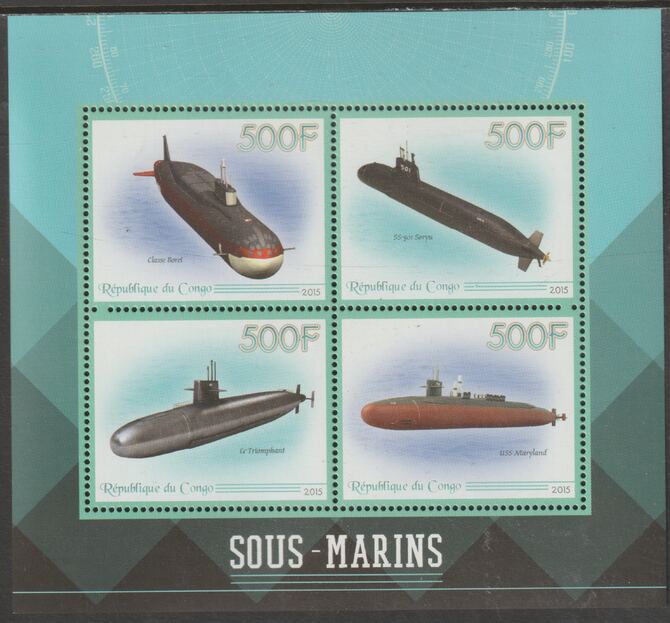 Congo 2015 Submarines perf sheet containing four values unmounted mint, stamps on , stamps on  stamps on submarines