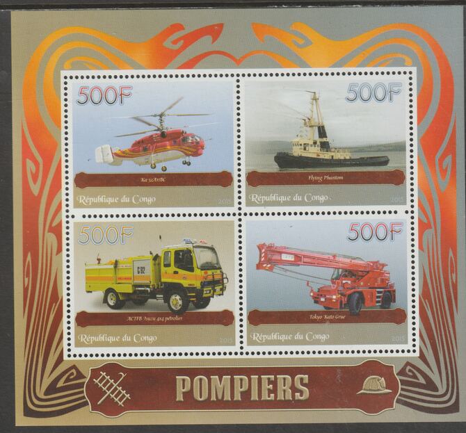 Congo 2015 Fire Fighters perf sheet containing four values unmounted mint, stamps on fire, stamps on helicopters, stamps on aviation, stamps on ships, stamps on trucks