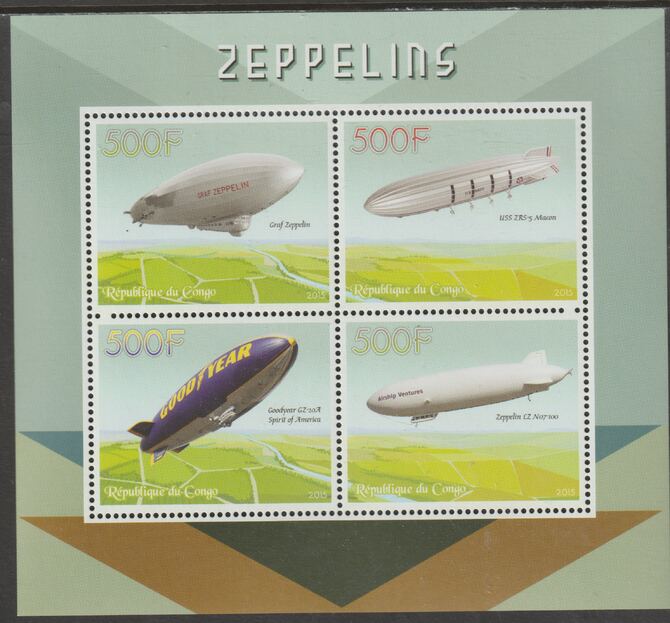 Congo 2015 Zeppelins perf sheet containing four values unmounted mint, stamps on aviation, stamps on sairships, stamps on zeppelins