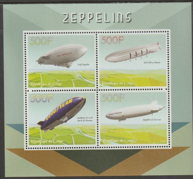 Congo 2015 Zeppelins perf sheet containing four values unmounted mint, stamps on , stamps on  stamps on aviation, stamps on  stamps on sairships, stamps on  stamps on zeppelins