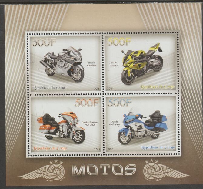 Congo 2015 Motorbikes perf sheet containing four values unmounted mint, stamps on motorbikes, stamps on motorcycles
