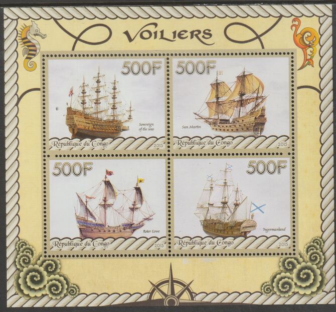 Congo 2015 Sailing Ships perf sheet containing four values unmounted mint, stamps on , stamps on  stamps on ships