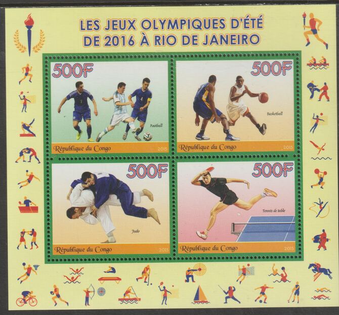 Congo 2015 Rio Olympics perf sheet containing four values unmounted mint, stamps on olympics, stamps on football, stamps on basketball, stamps on judo, stamps on martial arts, stamps on table tennis