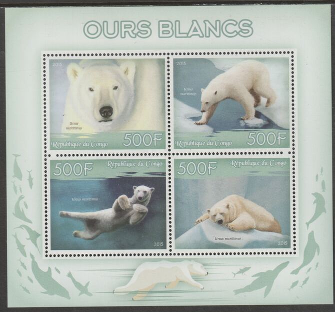 Congo 2015 Polar Bears perf sheet containing four values unmounted mint, stamps on , stamps on  stamps on animals, stamps on  stamps on bears