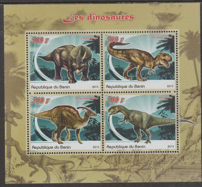 Benin 2015 Dinosaurs perf sheet containing four values unmounted mint, stamps on , stamps on  stamps on animals, stamps on  stamps on dinosaurs