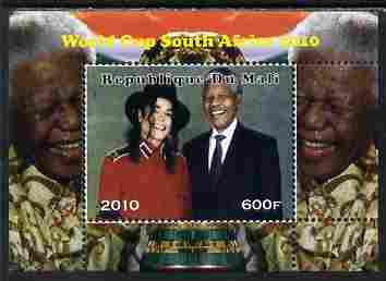 Mali 2010 Football World Cup #1 individual perf deluxe sheetlet (Stamp shows M Jackson with Nelson Mandela) unmounted mint. Note this item is privately produced and is offered purely on its thematic appeal , stamps on football, stamps on personalities, stamps on mandela, stamps on nobel, stamps on peace, stamps on racism, stamps on human rights, stamps on jackson, stamps on music, stamps on pops, stamps on rock