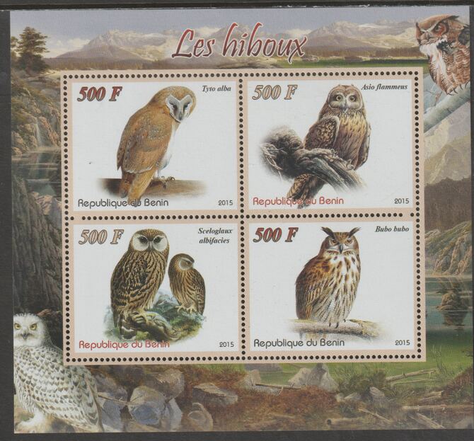 Benin 2015 Owls perf sheet containing four values unmounted mint, stamps on birds, stamps on birds of prey, stamps on owls