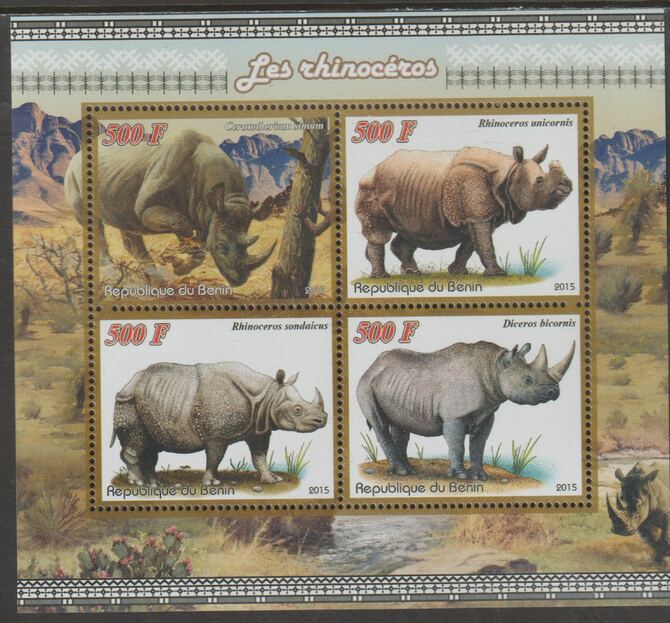 Benin 2015 Rhinos perf sheet containing four values unmounted mint, stamps on animals, stamps on rhinos