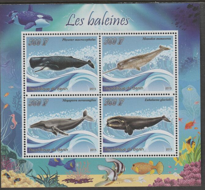 Benin 2015 Whales perf sheet containing four values unmounted mint, stamps on marine life, stamps on whales