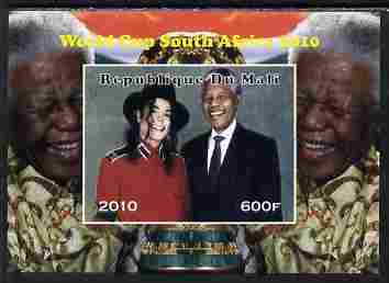 Mali 2010 Football World Cup #1 individual imperf deluxe sheetlet (Stamp shows M Jackson with Nelson Mandela) unmounted mint. Note this item is privately produced and is offered purely on its thematic appeal , stamps on football, stamps on personalities, stamps on mandela, stamps on nobel, stamps on peace, stamps on racism, stamps on human rights, stamps on jackson, stamps on music, stamps on pops, stamps on rock