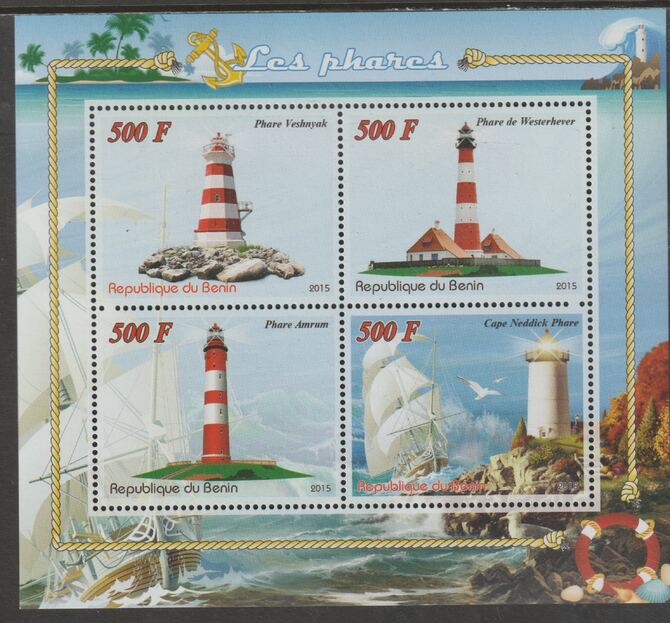 Benin 2015 Lighthouses perf sheet containing four values unmounted mint, stamps on lighthouses, stamps on ships