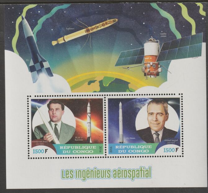 Congo 2016 Space Engineers #1 perf sheet containing two values unmounted mint, stamps on , stamps on  stamps on space, stamps on  stamps on personalities