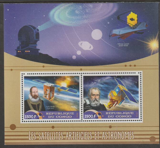 Congo 2016 Space Astronomers #1 perf sheet containing two values unmounted mint, stamps on space, stamps on personalities, stamps on telescopes