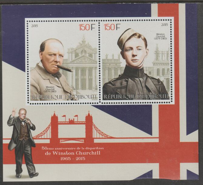 Djibouti 2015 Winston Churchill perf sheet containing two values unmounted mint, stamps on , stamps on  stamps on personalities, stamps on  stamps on churchill, stamps on  stamps on london, stamps on  stamps on smoking
