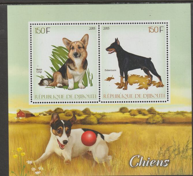 Djibouti 2015 Dogs perf sheet containing two values unmounted mint, stamps on dogs