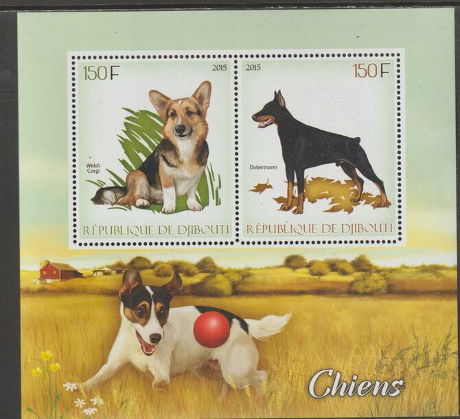 Djibouti 2015 Dogs perf sheet containing two values unmounted mint, stamps on , stamps on  stamps on dogs