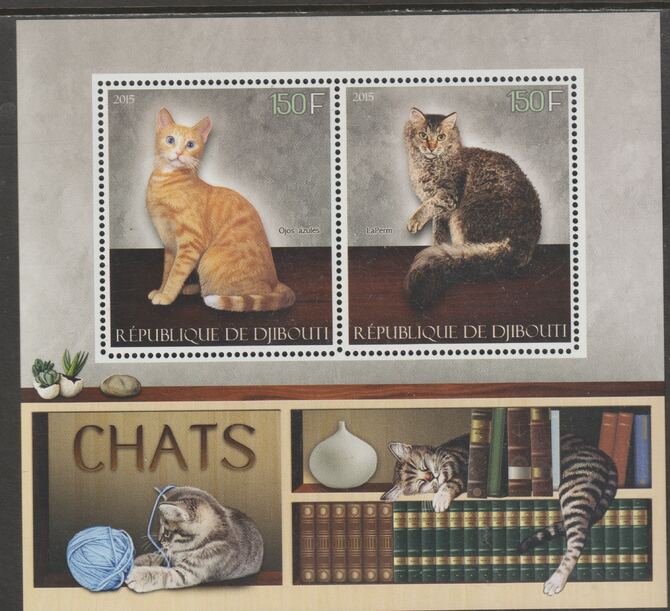 Djibouti 2015 Domestic Cats perf sheet containing two values unmounted mint, stamps on cats