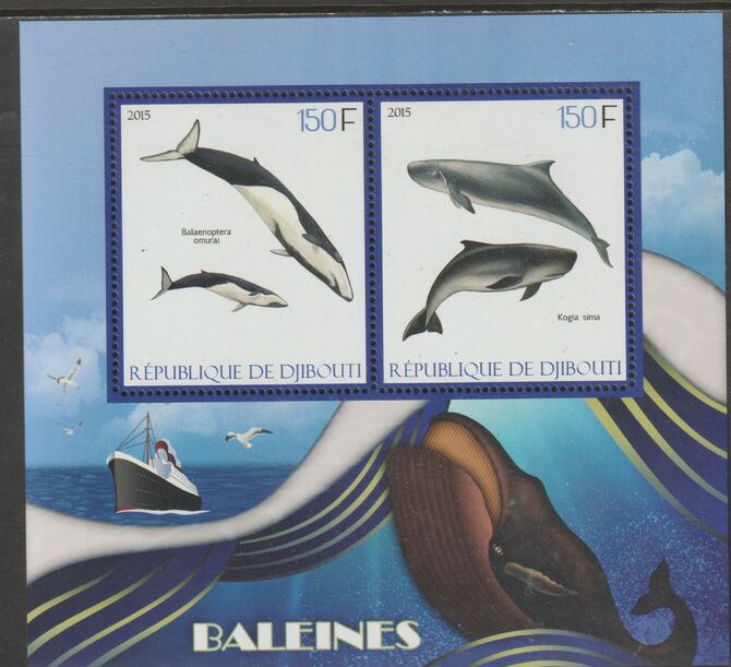 Djibouti 2015 Whales perf sheet containing two values unmounted mint, stamps on , stamps on  stamps on marine life, stamps on  stamps on whales