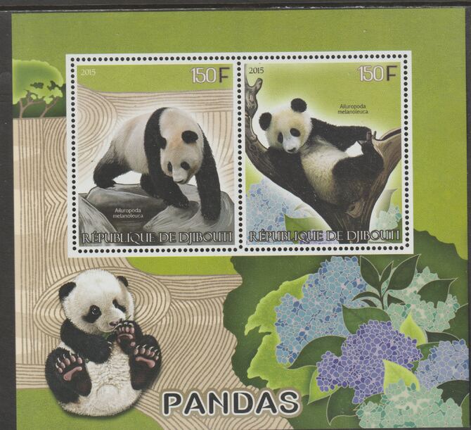 Djibouti 2015 Pandas perf sheet containing two values unmounted mint, stamps on animals, stamps on pandas, stamps on bears