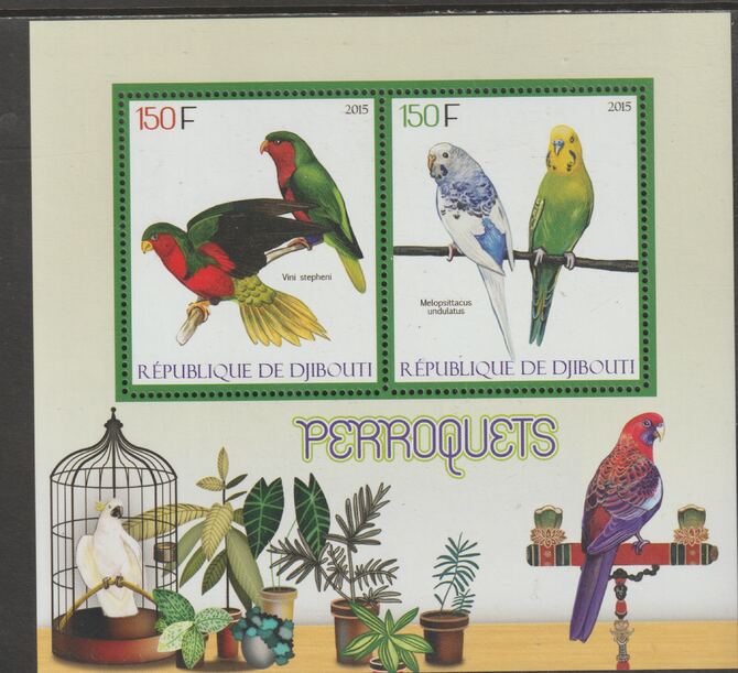 Djibouti 2015 Parrots perf sheet containing two values unmounted mint, stamps on birds, stamps on parrots