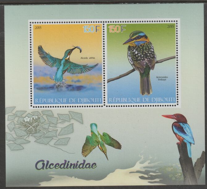 Djibouti 2015 Kingfishers perf sheet containing two values unmounted mint, stamps on birds, stamps on kingfishers